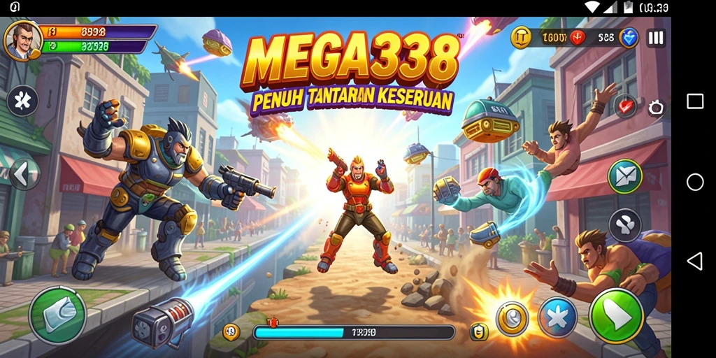 Screenshot gameplay MEGA338 menampilkan aksi seru di arena arcade.