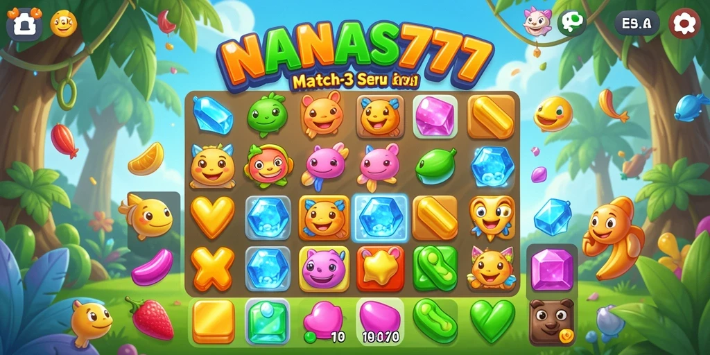 Tampilan gameplay seru NANAS777 dengan grafis cerah dan tantangan Match-3.