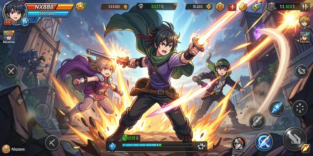 Screenshot utama NX888 menampilkan aksi seru dari karakter anime.